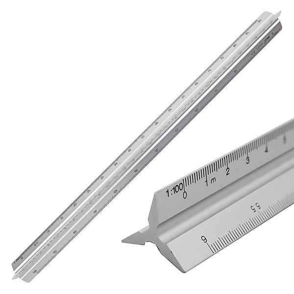 Arkitektskala, Triangulär skala i aluminium, metrisk 1:20, 1:25, 1:50, 1:75, 1:100, 1:125 Standard 12 tum Silver