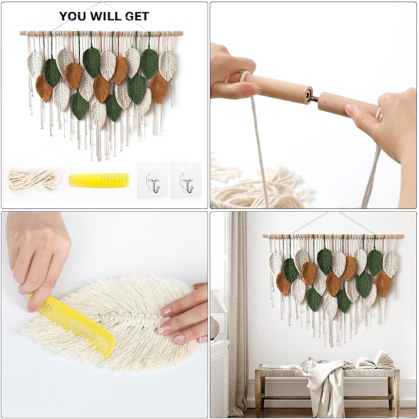 Macrame Väggbonad Stor Gobeläng Vävd Väggbonad Boho Macrame Blad Väggdekoration Fjäder Chic Vävd Konst White-brown-military green