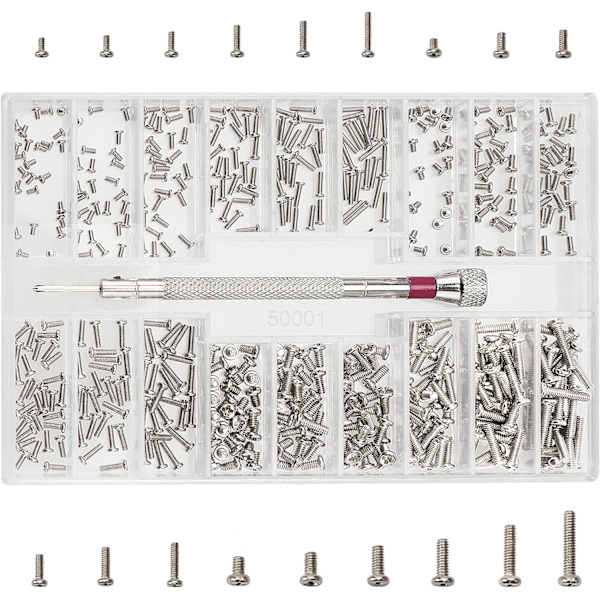 500 stk. Mikro Tiny Reparationsskruer Sæt, 18 Størrelser M1.2 M1.4 M2 Mikro Reparationsskruer, Rustfrit Stål Små Skruer Sortimentsæt med Skruetrækker