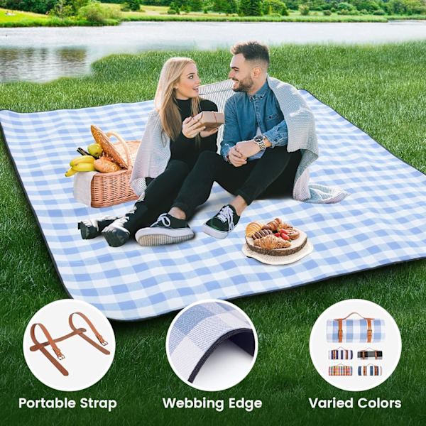 Picknickfilt Extra Stor, Vattentät och Vikbar Strandfilt, för Camping, Park, Strand, Gräs, Inomhus White & Blue Grids