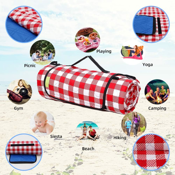 Maskinvaskbar Picnic & Strandtæppe Handy Mat Plus Tyk Dobbeltlags Sandtæt Vandafvisende Polstring Bærbar 79\"x79\"(Rød og hvid) Red and White 79"L x 79"W