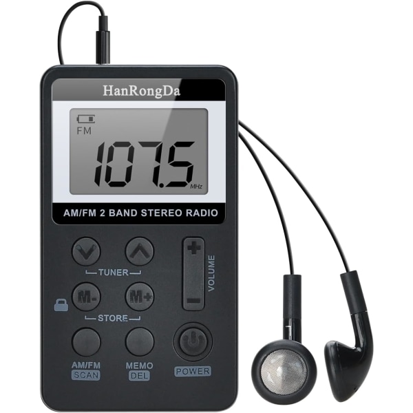 Liten bærbar radio, AM/FM 2-bånds stereoradio DSP digital tuningmottaker med LCD-skjerm USB oppladbar og øretelefon for å gå black