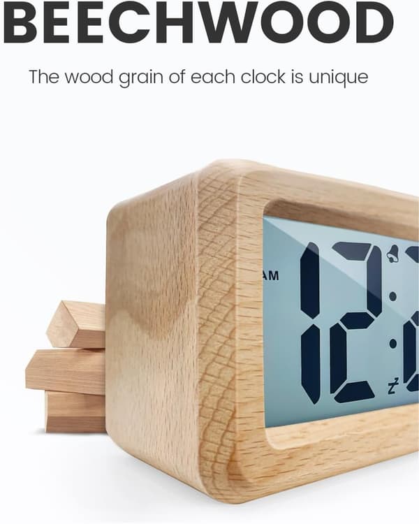 Digital Väckarklocka, Träväckarklocka med Stor LCD-bakgrundsbelyst Display, 3 AAA Batteridriven 【Batteri INGÅR EJ】