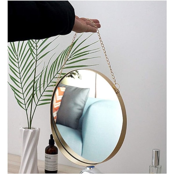 Riippuva peili, 25 x 25 cm pyöreä kylpyhuoneen meikkipeilin messinkikehys ripustusketjulla, yksinkertainen tyyli