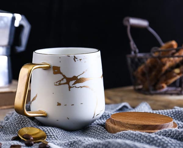Porslinstekopp & Muggset för Afternoon Tea - Marmormönster (Vit, Hög 400ml + Trälock)