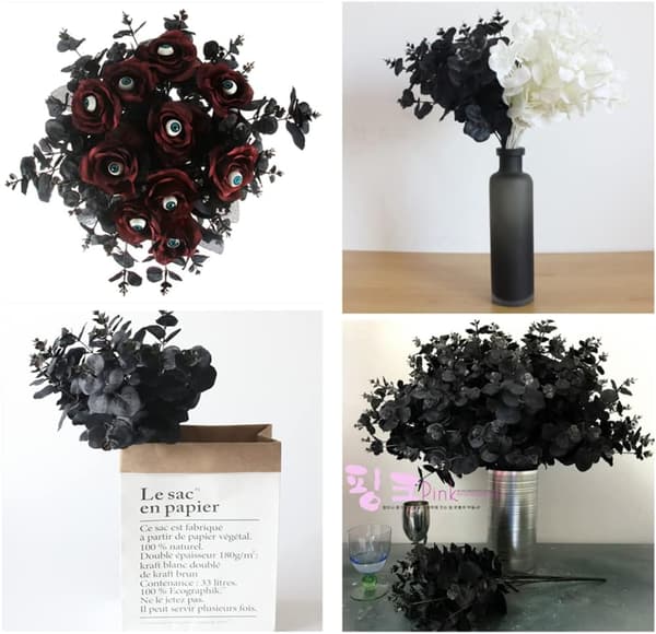 Sæt med 3 kunstige eukalyptusgrene, centerpiece til Thanksgiving, Halloween, borddekoration (sort)