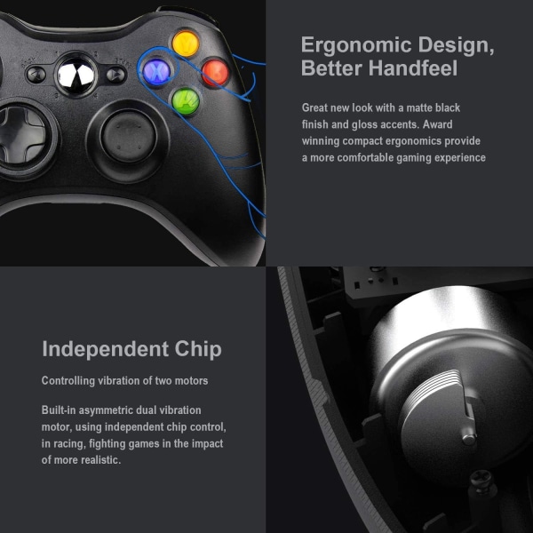 Trådløs controller til Xbox 360, Xbox 360 Joystick Trådløs spilcontroller til Xbox & Slim 360 PC ，Sort Black