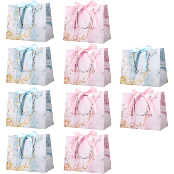 10 stk. gaveposer store, gavepose med sløjfer papirsposer med håndtag gaveposer gavepose (lyseblå lyserød 25 x 20 x 12 cm)