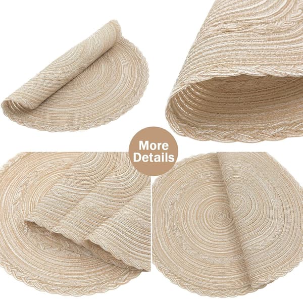 Set med 6 runda platsmattor i bomull, flätade platsmattor beige 38cm