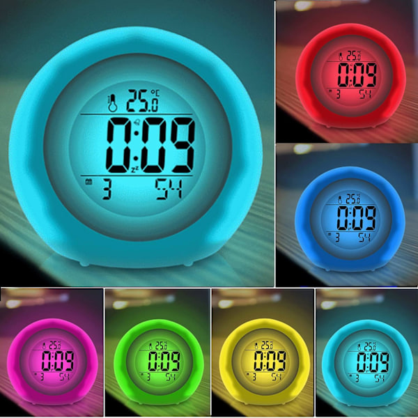 Barn Väckarklocka, Digital Klocka med 7 Färgers Nattlampa, Väckarklockor För Pojkar Flickor, Batteridriven Snooze-Funktion, Klocka