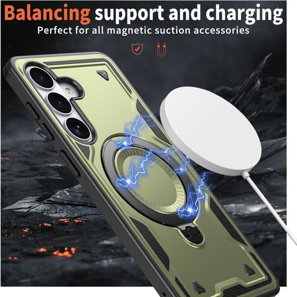 Samsung Galaxy S26/ S26 Pro Armor-fodral, 360° metallringstöd, magnetisk stötsäker krockkuddebump, militärgrön