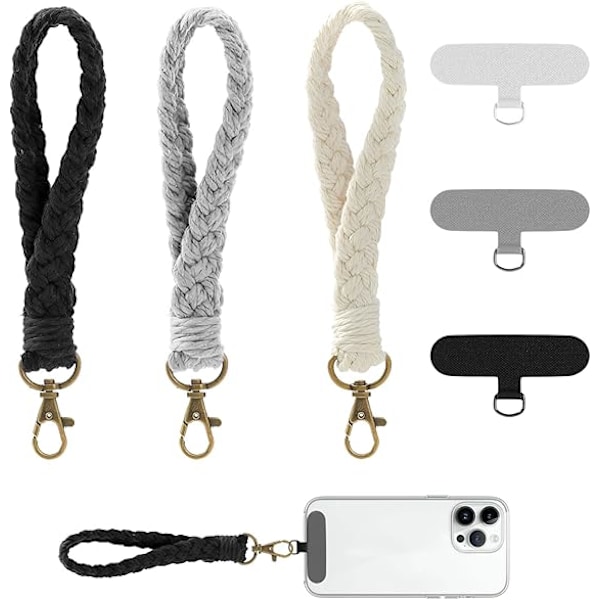 Telefon Håndledsrem, 3-pak med Tether Tabs, Boheme Stil, Bomuld, Hvid, Grå, Sort