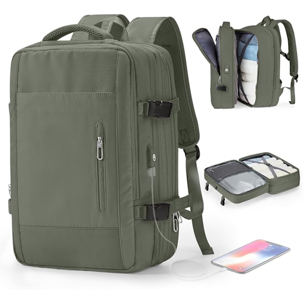 Stor Resebackpack för Laptop för Kvinnor, Handbagage Godkänd av Flygbolag, Utbyggbar Arbetsryggsäck, Personligt Föremål med Laptop dark Green