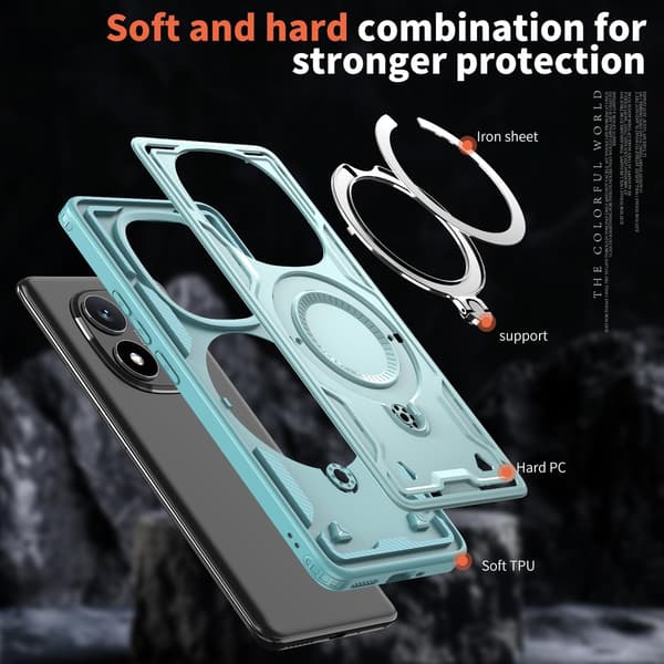 Xiaomi Redmi Note 14 Pro/Plus 5G Armor-deksel, 360 Metallring Støtteben Magnetisk Støtsikker Airbag Bumper-deksel Lyseblå
