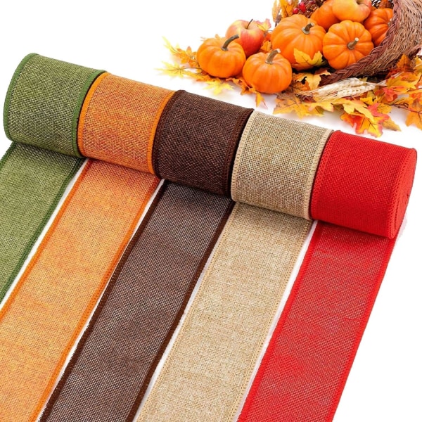 5 färger säckvävsband - Bandrullar med tråd för kransar Presentförpackningsbågar, hantverkstillbehör för juldekoration (2,4 tum bred)