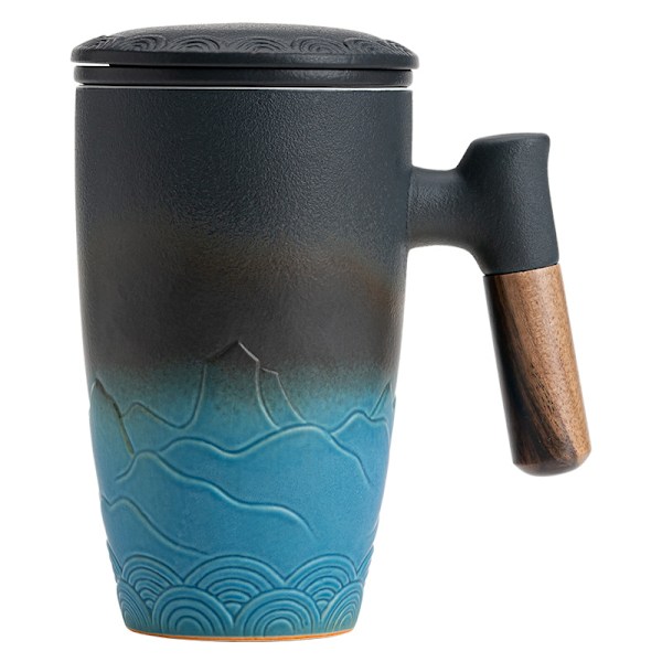 Tekopp med lock, porslin tekopp med rostfritt stål infuser, gradient stor keramisk tekopp, perfekt för kontoret, svart 350ml