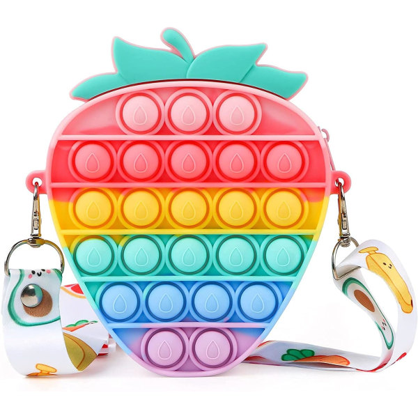 Strawberry Push Pop it Fidget Toy Pendant Taske, Legetøjsskuldertaske med justerbar rem Anti Stress Silikone Squishy Toys Gave