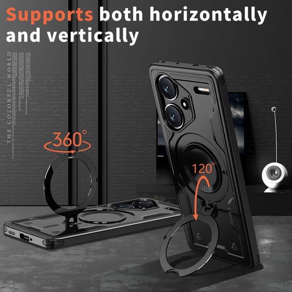Xiaomi Redmi Note 13 Pro Plus 5G Armor-deksel, 360 metallringstativ magnetisk støtsikker kollisjonsputestøtfangerdeksel svart