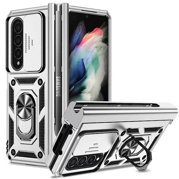 Armor-kotelo, yhteensopiva Galaxy Z Fold 4:n kanssa, kova PC-iskunkestävä suojus metallisella rengaspidikkeellä ja S Pen -pidikkeellä