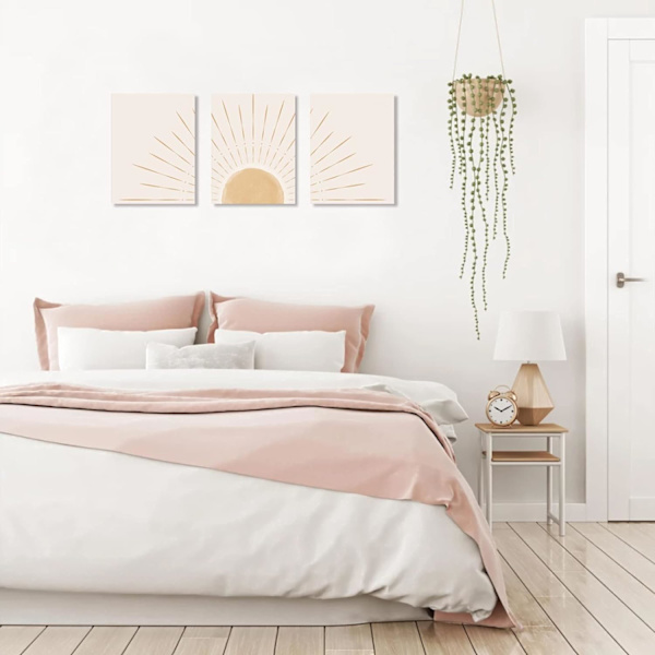 Boho Väggkonst Set om 3, Canvas Väggkonst Gul Sol Uppgång på Horisonten Geometriska Natur Illustrationer Konst Vägg, Kontor, 12\"x16\"