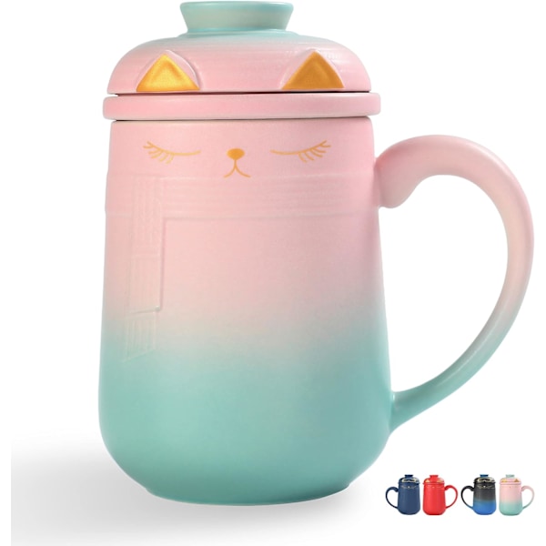 Keramisk Katt-Teinfuser Mugg med Lock, 460 ML / 16 Oz, Gradient Rosa till Grön, Katter och Te, Stor Japansk Keramisk Muggset