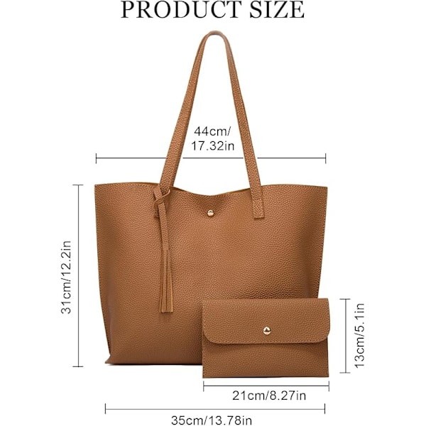 Stor Damväska, Stor Collegeväska för Laptop, Axelväska, Tote Shopper Väska, Stor Väska, PU-Läder Tote Väska, 2-pack Marrón