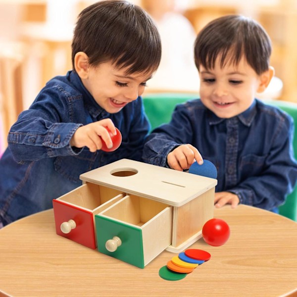 2 i 1 Montessori Træ Matchende Boks med Mønt og Bold, 2 Skuffer - Træ Møntboks med 5 Mønter og Permanence Boks med 1 Bold