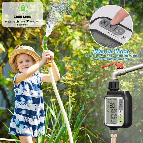 Sprinkler Digital bevattningsprogrammerare med regnsensor / automatisk och manuell styrning / regnsensor / barnsäkerhet