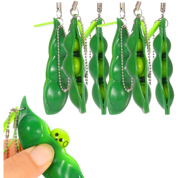 6 stycken Squeeze Beans Nyckelring Fidget Toys Squishy Pea Pod Stressleksak ger barn roligt Minska ångest och stress