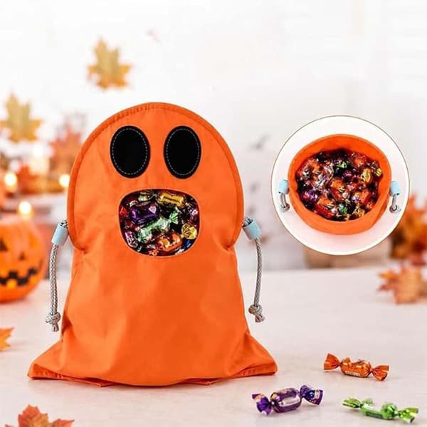 Håndfri spøgelses-slikposer til Halloween, søde spøgelses-slikposer, 2 orange poser