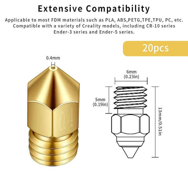20 stk. 0,4 mm MK8 messingdyser til 3D-printerekstruder, printerdyser kompatible med Creality Ender 3/Ender 3 V2 osv.