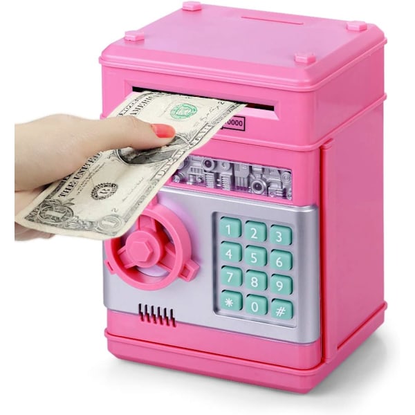 ATM Pengeboks for Barn 3-12 år, Elektronisk Pengeboks Trygg Spargris for Jenter Gutter, Passord Pengeboks Sparing Pengeboks Pink