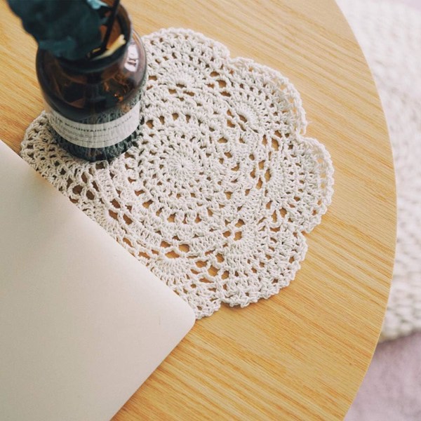 22 cm doily, heklet, rund blonder doily, håndlaget beige