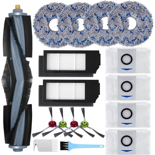 Tilbehør til Ecovacs Deebot X1 Omni/X1 e Omni/X1 Turbo støvsuger, 1 hovedbørste, 4 sidebørster, 4 mopper, 2 filtre, 4 poser, 2 rengøringsbørster