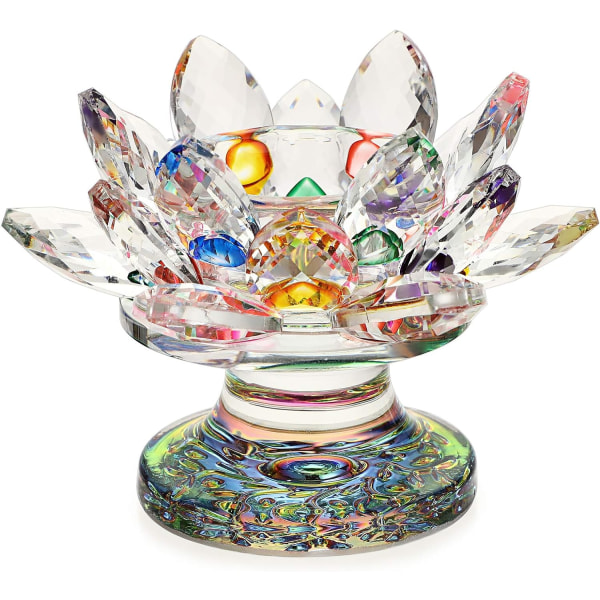 4,5" värikäs Crystal Lotus Flower -kynttilänjalka - sateenkaarenvärinen lasikynttilänjalka