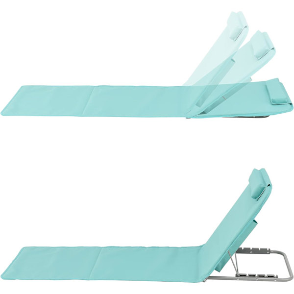 Set med 1 solstolmadrass för stranden med lutande ryggstöd, solid struktur, set med vadderade mattor med nackstöd, bärväska, stål, polyester, turkos