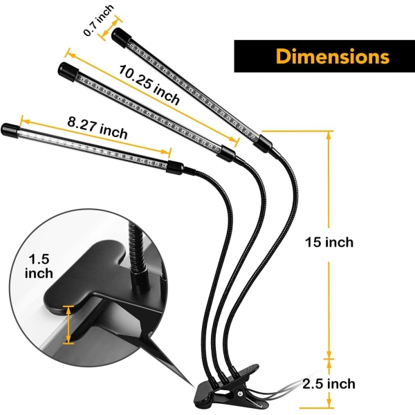 Triple Hoved 15W LED Grolys, Automatisk Tænd/Sluk, 3/9/12H Timer, Rød Blåt Spektrum, Svanehalslampe, 11 Dæmpbare Niveauer til Indendørs Planter