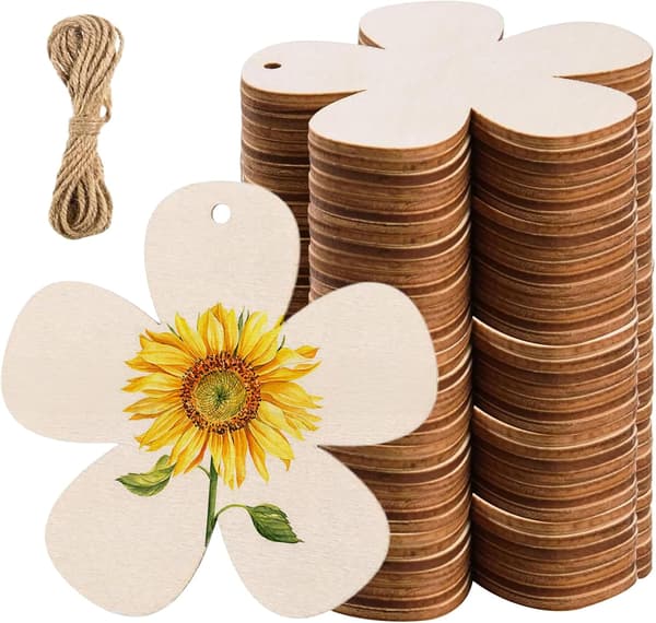 40-pack träblommor för pyssel, 7,5 cm ofärdiga blomutskärningar och träprydnader med 10 m snöre för DIY-projekt