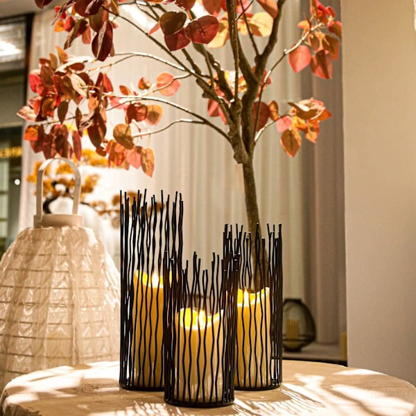 Willow Ljusstake Set om 3, Svart Metallpelarljusstakar för Bordscentrum Modernt Ljusstake