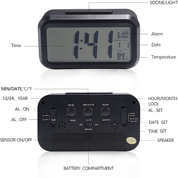 Digitalt vækkeur, 12/24 timers sengeur med LCD-baggrundsbelyst display, ur med dato, kalender og temperatur Black