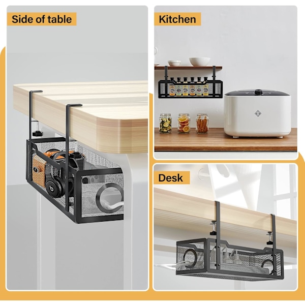 Kabelbakke til under skrivebord, sort, uden boring, klemme-montering, moderne, 34 cm