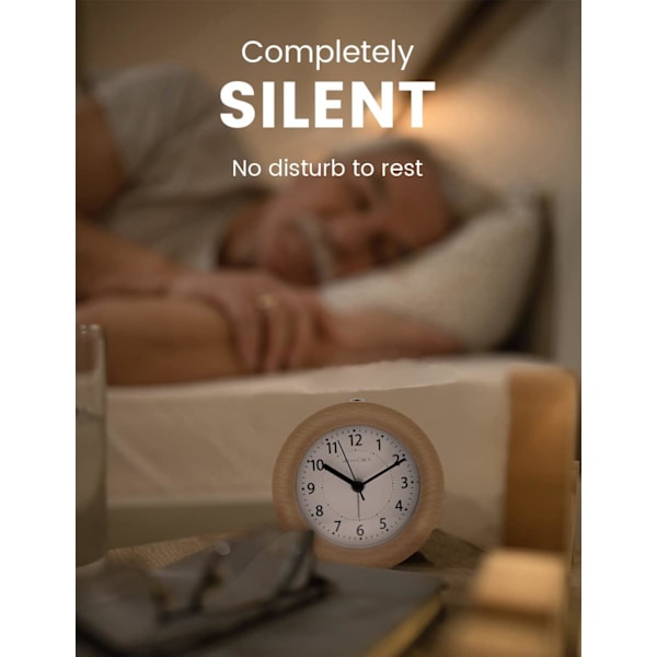 aboveClock Väckarklocka Sängbord, Tickfri Sängklocka med Snooze och Nattlampa Funktion, Analog Klocka Batteridriven