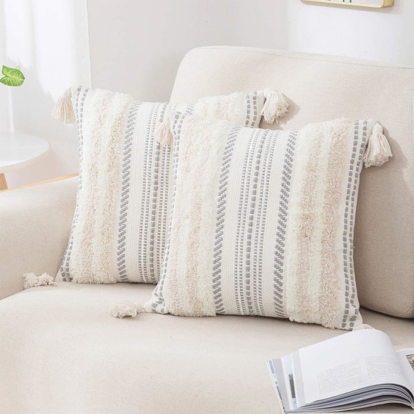 Boho Beige Cushion Covers 45x45cm Set of 2, Decorative Tufted Tassel Woven Cushion Cover for Sofa 18X18 Inch