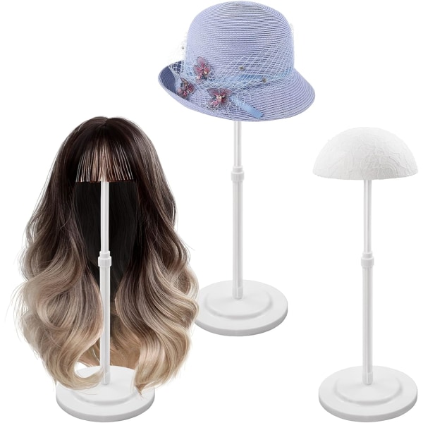 3 kpl säädettävä korkeus peruukkijalusta, kannettava peruukkipään pidike työkalut, hattunäyttö, liukumaton peruukkiteline peruukille, muotoileva cap(valkoinen)