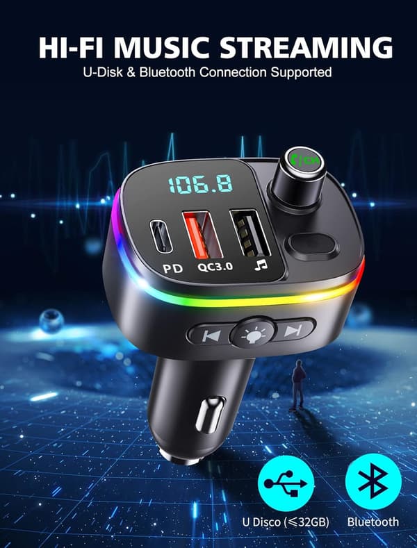 Bluetooth 5.3 Biladapter, QC3.0 & PD 18W USB C Billader, 9 RGB Bakgrunnsbelyste Bluetooth-mottakere for Bil
