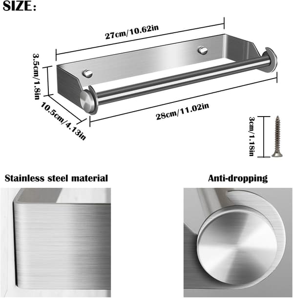 Køkkenrulleholder vægmontering rustfrit stål køkkenrulleholder boring Silver 33CM