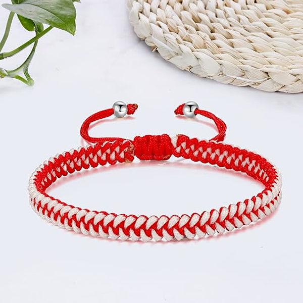 Flätad rep armband dam herr, flickor pojkar födelsedag vänskap par presenter handgjorda smycken Red-white