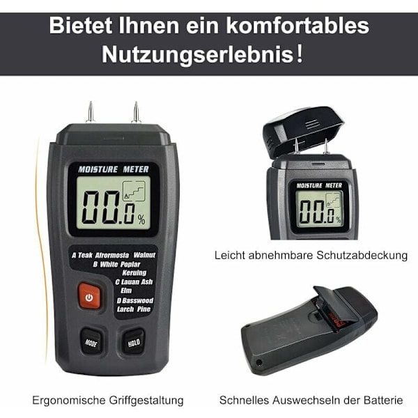 Bärbar Träfuktmätare LCD Fuktmätare, Högkänslig Invasiv Sond, Handhållen (Grå 1 st)
