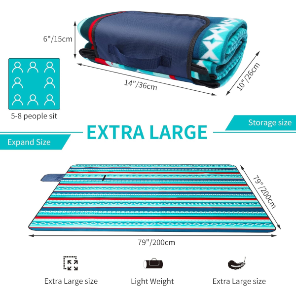 Vanntett piknikteppe 200 x 200 cm - Utendørs piknikteppe - Isolerende fleece piknikmatte - Stort piknikteppe med bærehåndtak