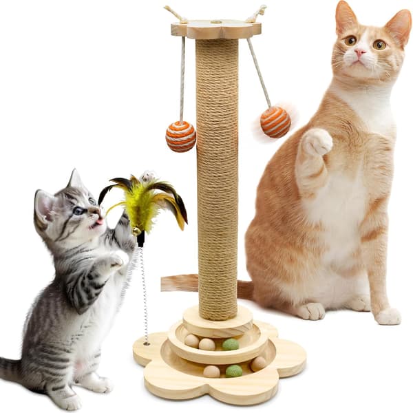 Kradsetræ til katte med naturlig sisal, solid træbase mod væltning og interaktivt legetøj til indendørs killinger og store katte
